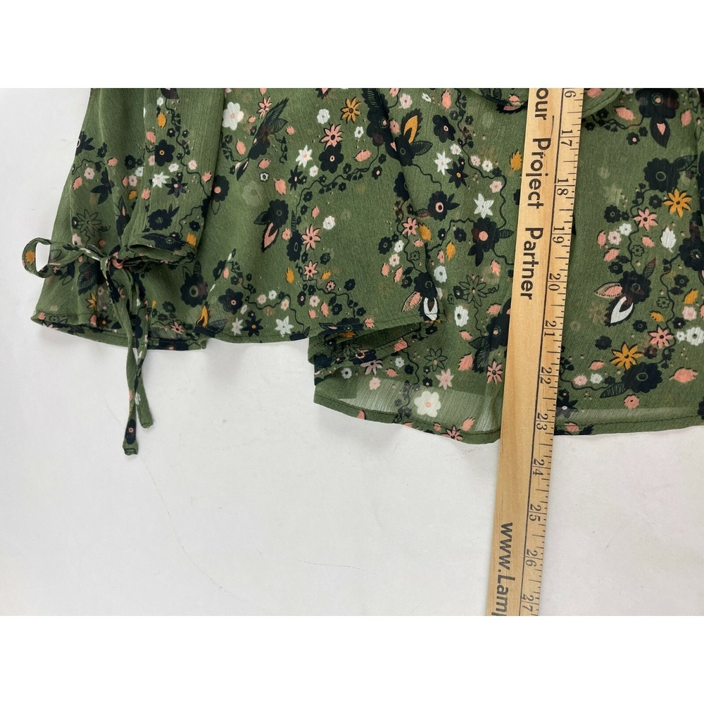 Topshop Blouse Women's Size 4 Green Floral Ruffles Long Sleeve Sheer Soft Top - Picture 7 of 11